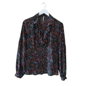 Free People Ruffle Floral Poet High Neck Button Front Ballon Sleeves SZ S #2008